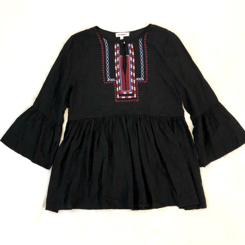 ee:some Black Bell Sleeve Embroidered Peplum Tunic Top size Large